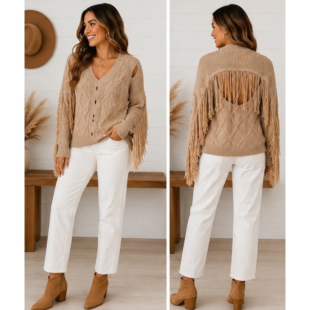Bailey 44 Peggy Sweater Women Large Boho Fringe Open Back Cable Knit Camel Tan